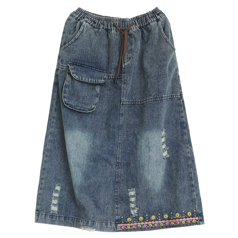 Retro Embroidery Ripped Denim Skirt