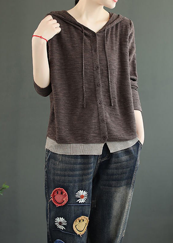 Coffee Hooded Button Patchwork Knitting Cotton Top Fall