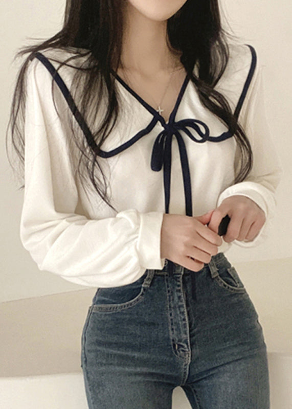 French White Peter Pan Collar Cotton Shirt Long Sleeve