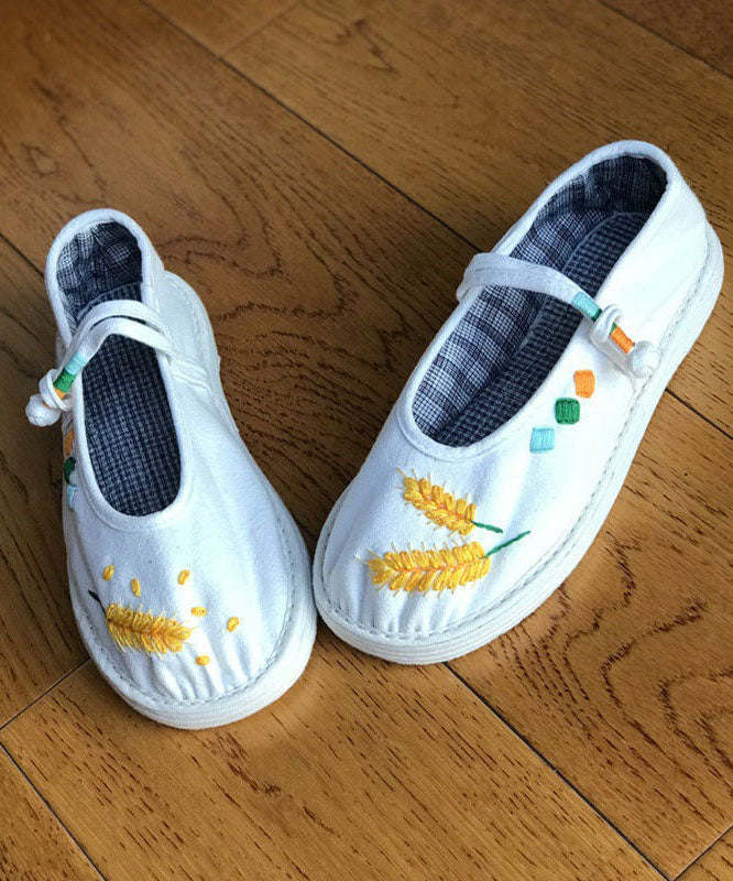White Embroidery Cotton Fabric Splicing Buckle Strap Flat Shoes for