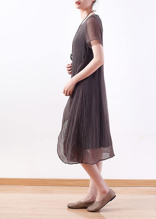 O Neck Cinched Linen Clothes Photography Gray Dresses