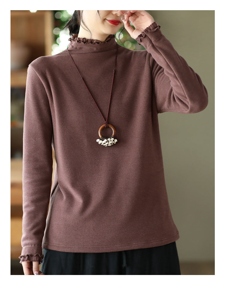 Long-sleeved Plus Fleece T-shirt With Retro Wooden Ears