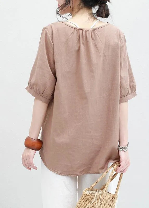 O Neck Lantern Sleeve Cotton Linen Tunic Top Neckline Khaki Summer Blouses