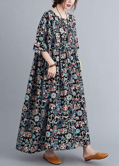 Art Black Print Loose O-neck Summer Half Sleeve Dresses