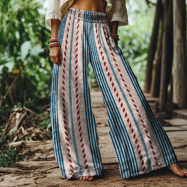 Comstylish Vintage Bohemian Striped Art Women's Linen Blend Casual Pants