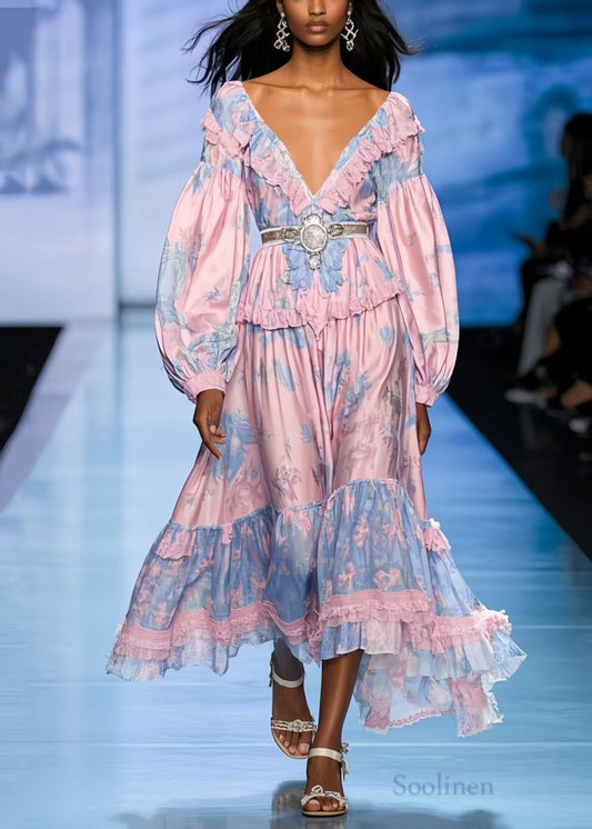 Pink Ruffled Print Silk Tunic Dresses Spring