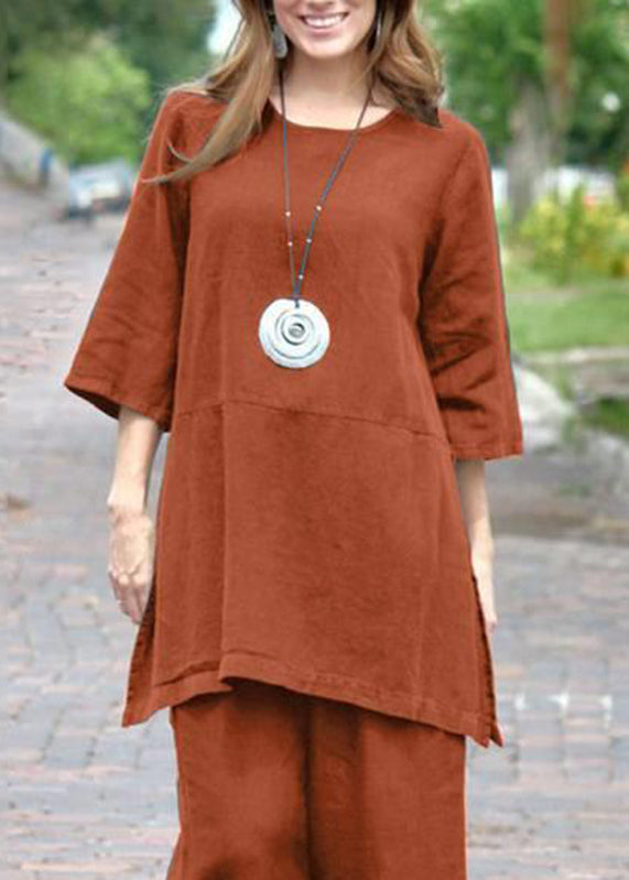 Caramel O-neck Side Open Top and Crop Pants Two Pieces Set Bracelet Sleeve