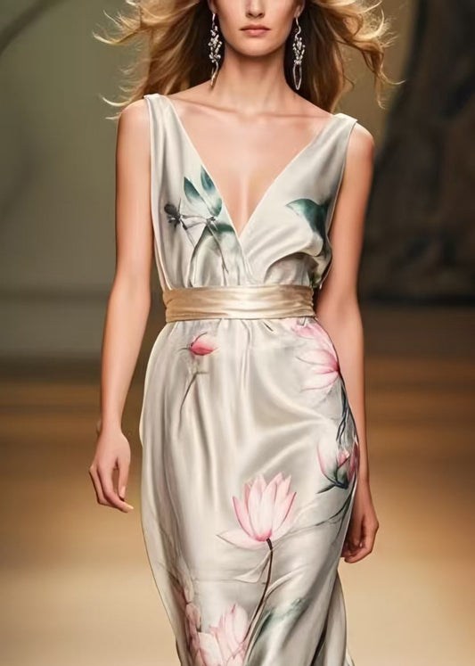 Apricot Cinched Print Silk Party Dress Summer
