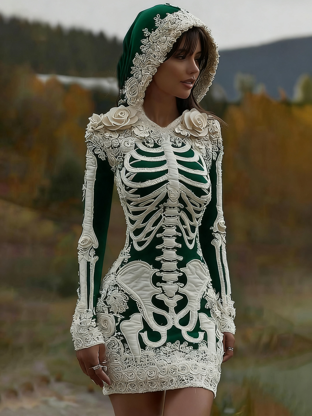 Comstylish Women's Vintage Halloween Skeleton Bones With Rose Art Cozy Knit Hooded Sweater Dress