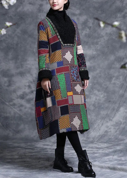 Colorblock Plaid Fine Cotton Filled a Line Dresses Teddy Faux Fur Collar Winter