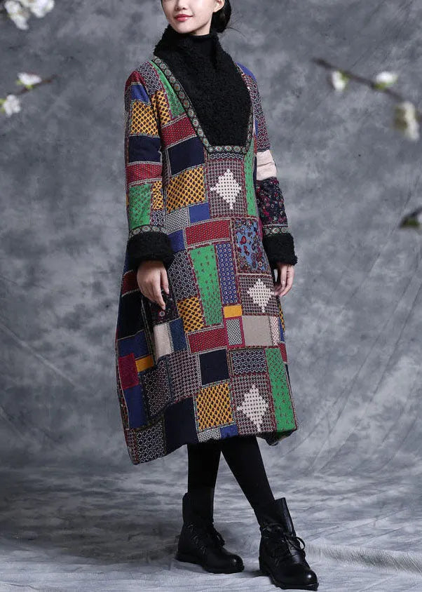 Colorblock Plaid Fine Cotton Filled a Line Dresses Teddy Faux Fur Collar Winter