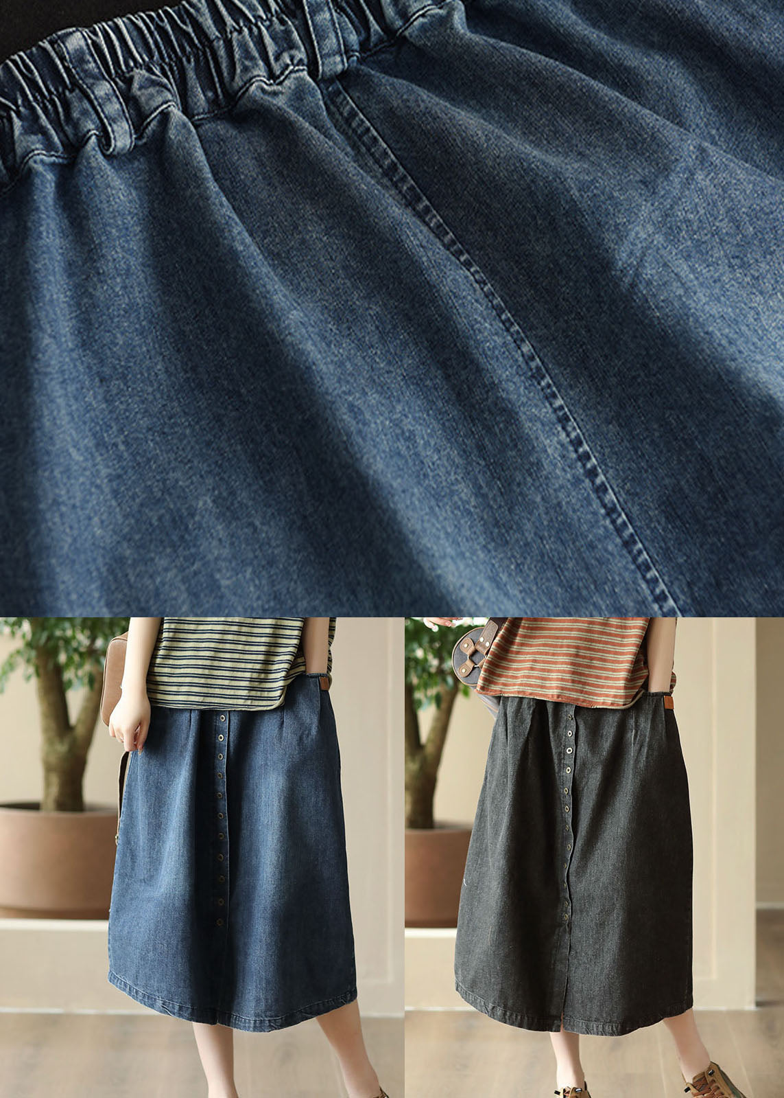 Diy Black Wrinkled Pockets Elastic Waist Patchwork Denim Skirt Summer