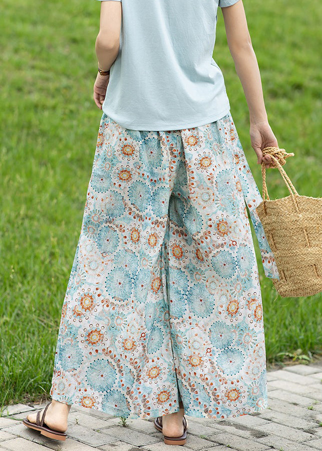 Photo Color Pockets Print Linen Wide Leg Pants Summer