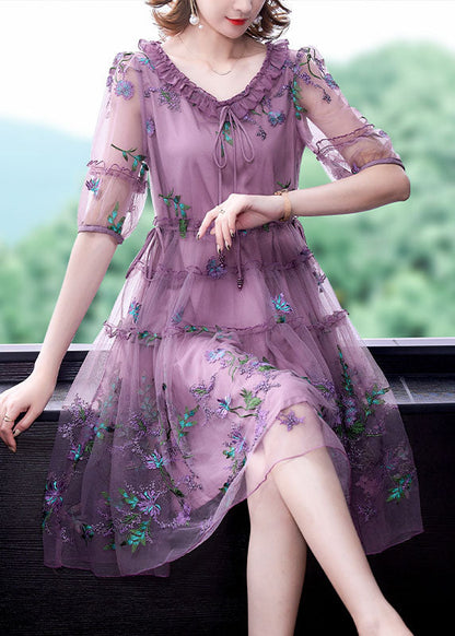 Purple Embroidered Tulle Holiday Dress Short Sleeve