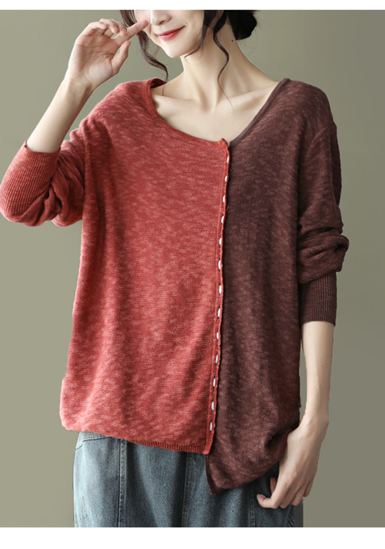 New Literary Retro Color Matching Knitted Top