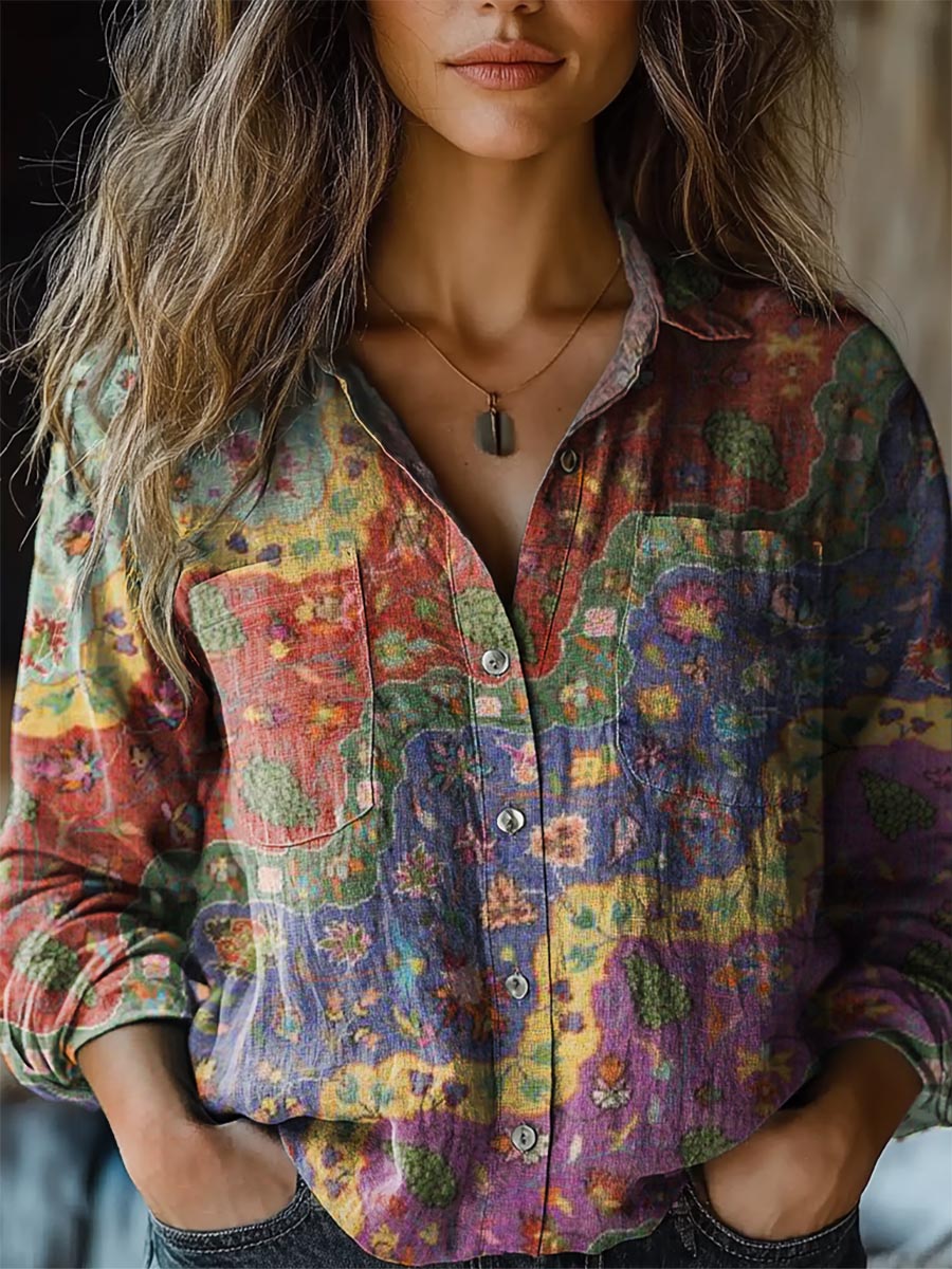 Womens Boho Floral Wave Collage Art Print Casual Long Sleeve Comfortab