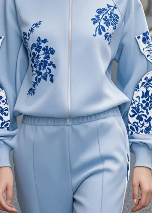 French Sky Blue Print Patchwork Cotton Sweatshirt Fall