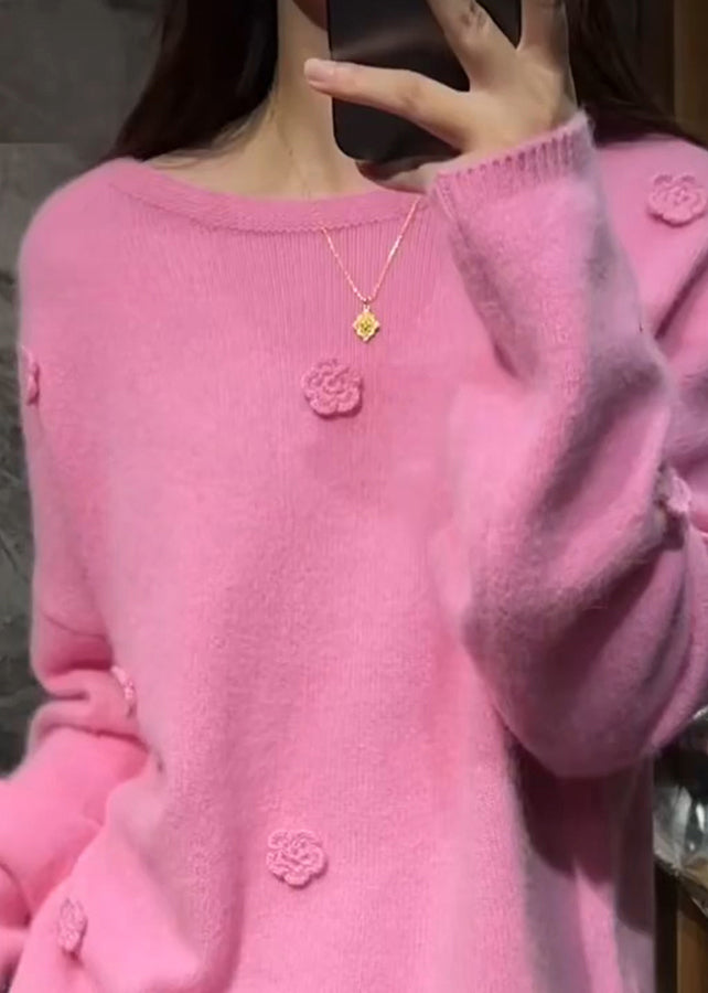 Pink Thick Cotton Knit Sweaters Long Sleeve