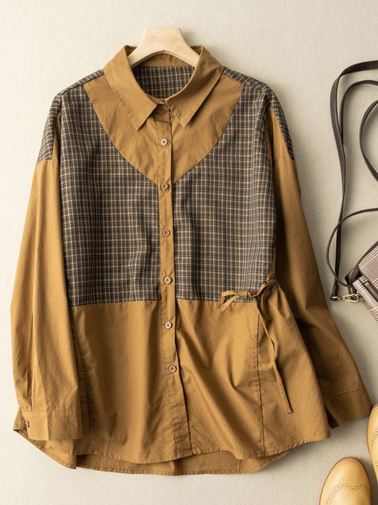 100% Natural Fabric Drawstring Plaid Loose Shirt
