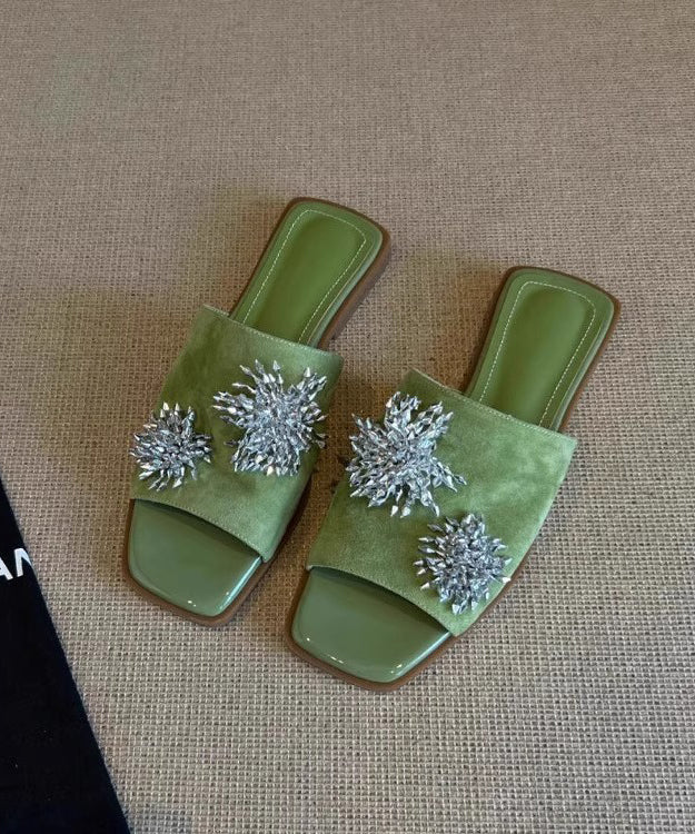 Italian Splicing Green Cowhide Leather Slide Sandals Peep Toe