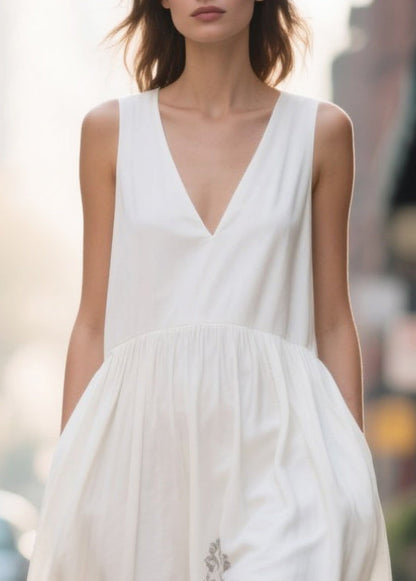 Art White V Neck Print Chiffon Vacation Dresses Summer