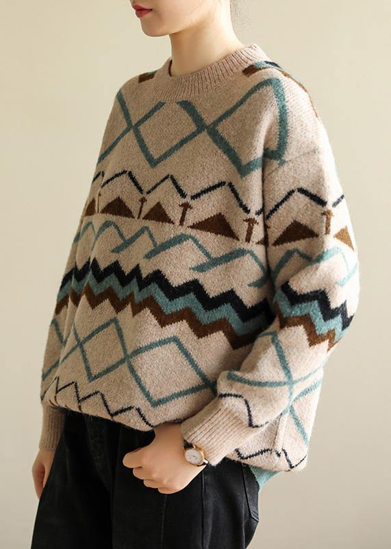 Pullover O Neck Khaki Geometry Knitwear Wild Knit Top Silhouette