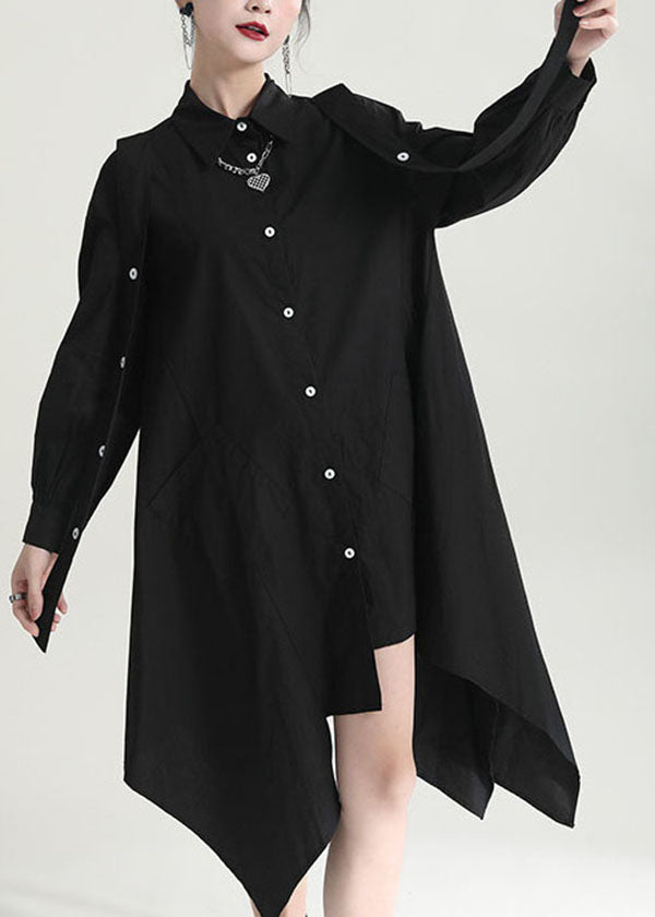 Modern Black Color Asymmetrical Design Cotton Long Shirt Tops Fall