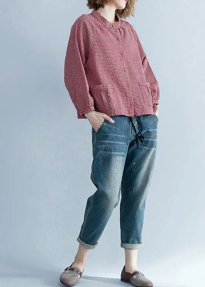 French Long Sleeve Linen Blouse Pakistani Tunic Tops Red Silhouette Shirt Plaid