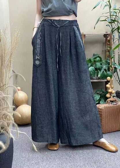 Grey Elastic Waist Drawstring Pockets Linen Wide Leg Pants Summer