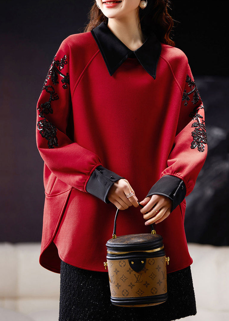 Mulberry Peter Pan Collar Sequins Cotton Sweatshirt Spring