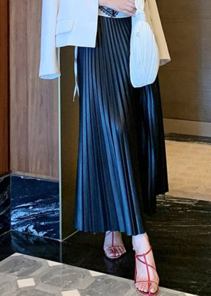 Black High Waist Faux Leather Pleated Skirts Spring