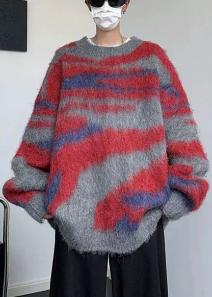 Green Striped Patchwork Knit Sweaters Winter