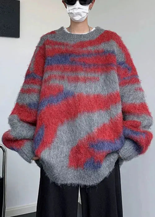 Green Striped Patchwork Knit Sweaters Winter