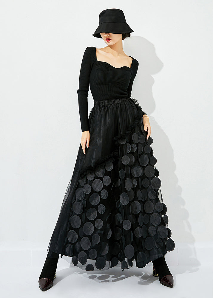 Original Design Black-blue Dot Elastic Waist Patchwork Wrinkled Tulle Skirt Summer