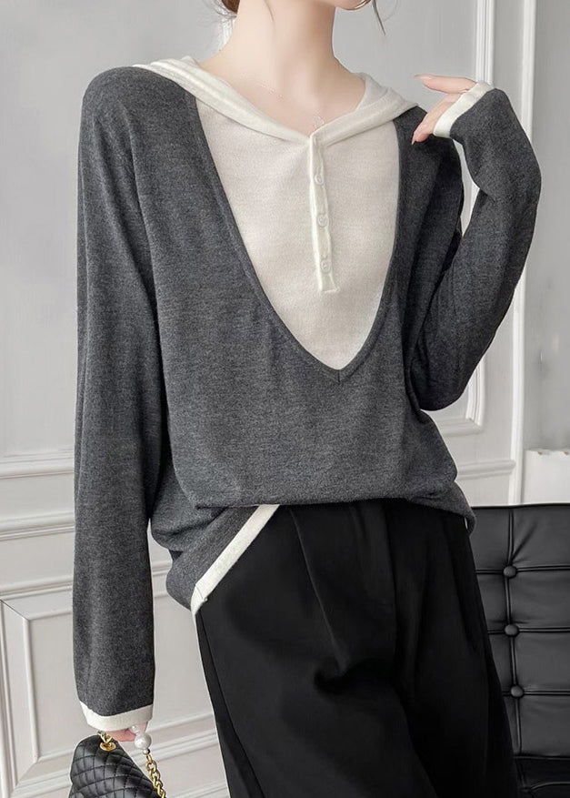 Coffee Hooded Patchwork False Two Pieces Cotton Knit Tops Fall