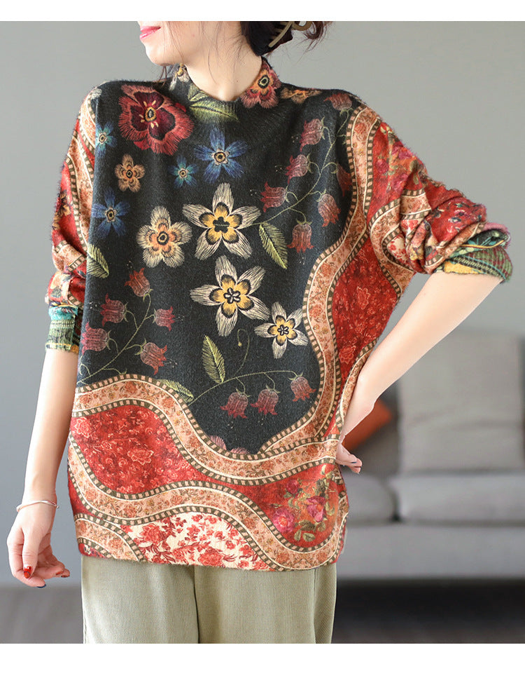 Artistic Retro Half Turtleneck Faux Mink Knitted Sweater