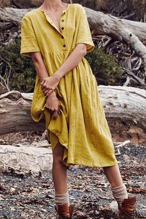 Button O Neck Midi Dress