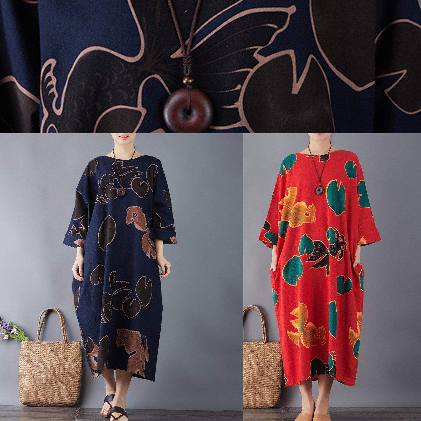 Vivid O Neck Pockets Cotton Navy Print Long Dresses Summer