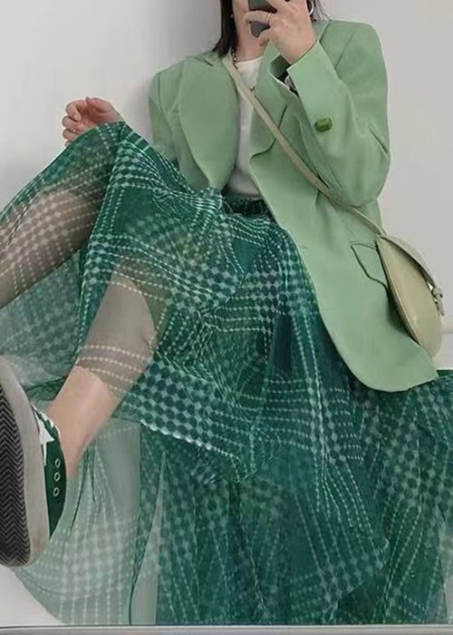 Green Plaid Asymmetrical High Waist Patchwork Tulle Skirts Summer