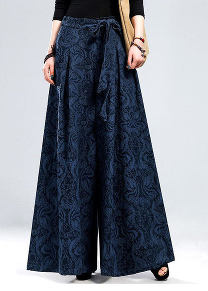Blue Tie Waist Jacquard Linen Pants Winter