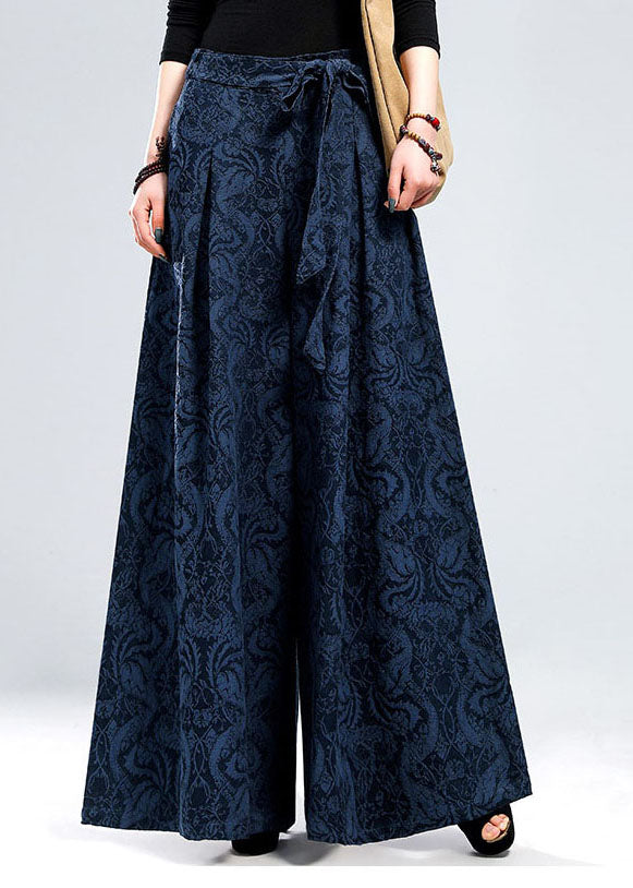 Blue Tie Waist Jacquard Linen Pants Winter