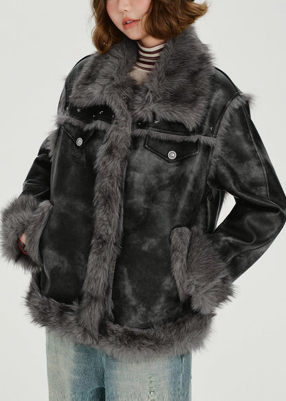 Grey Oversized Tie Dye Faux Leather Jackets Winter