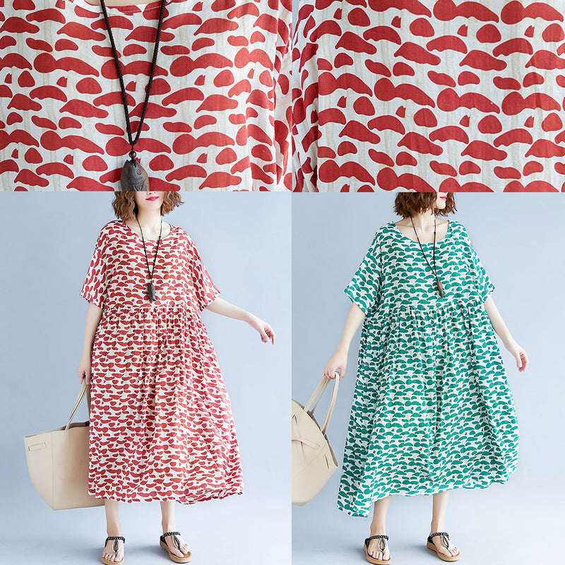 Boutique Green Cotton Linen Dresses Clothing Short Sleeve Baggy Dresses Boutique O Neck Linen Cotton Dress