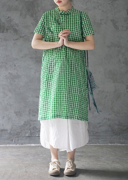 Green Mandarin Collar Button Plaid Cotton Dresses Short Sleeve