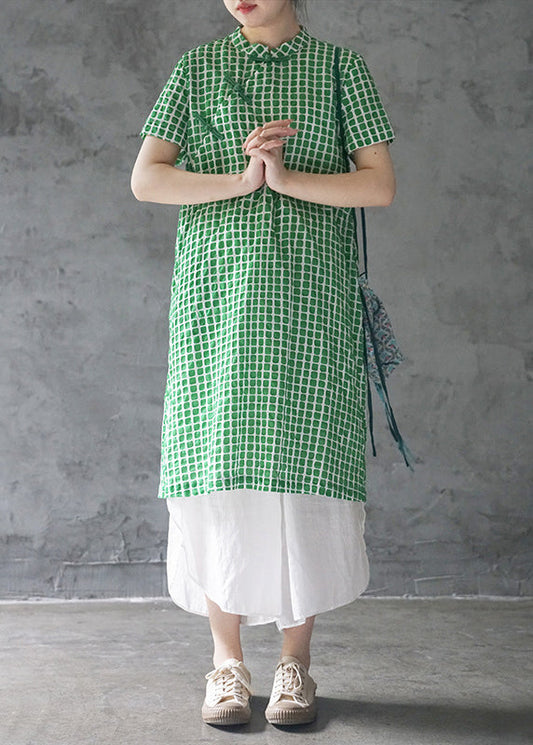 Green Mandarin Collar Button Plaid Cotton Dresses Short Sleeve