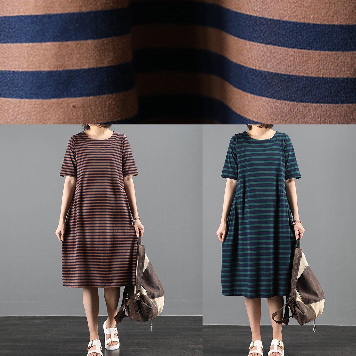 Italian Green Striped Outfit O Neck Cinched a Line Summer Dresses