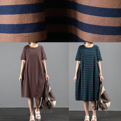 Italian Green Striped Outfit O Neck Cinched a Line Summer Dresses