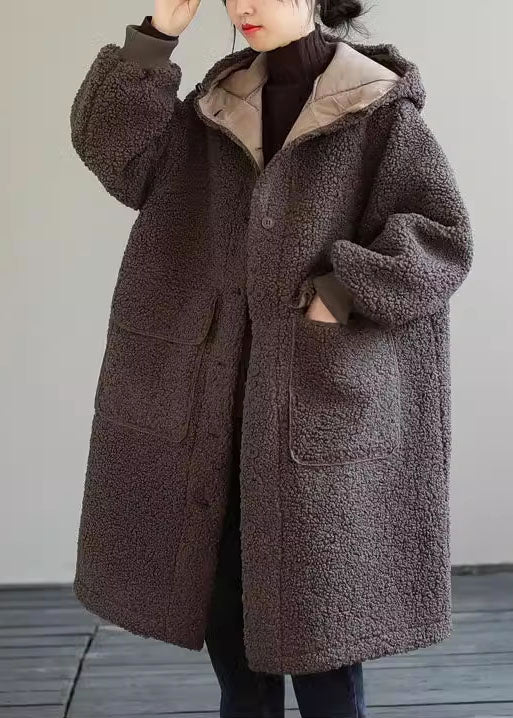 Coffee Hooded Button Faux Fur Winter Coat