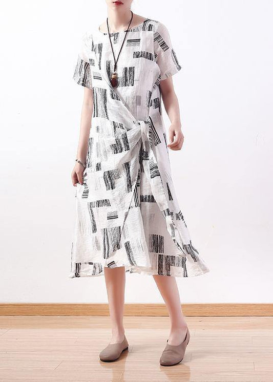 Italian White Prints Linen Dresses Asymmetric Loose Summer Dress