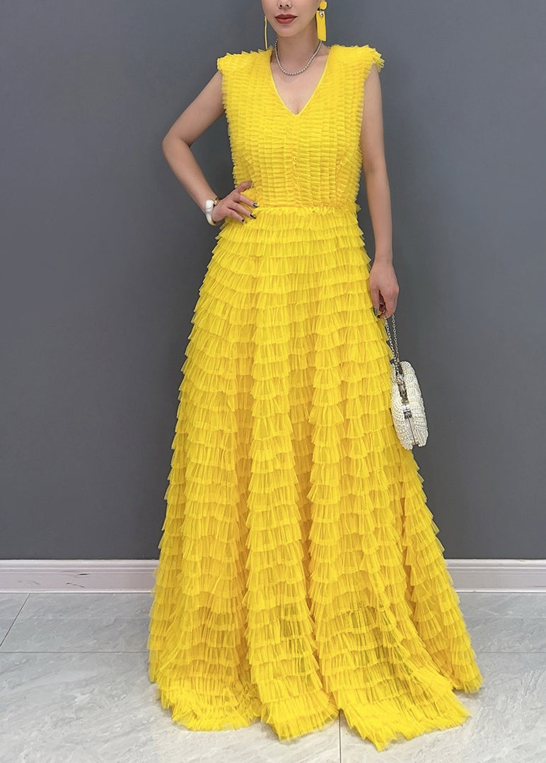 Yellow Wrinkled Vacation Maxi Cake Dresses Summer